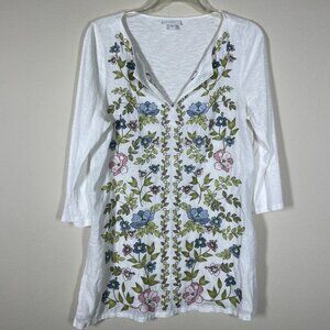 J Jill Women's White Floral Embroidered Tunic Top 3/4 Sleeve S Sheer 100% Linen!